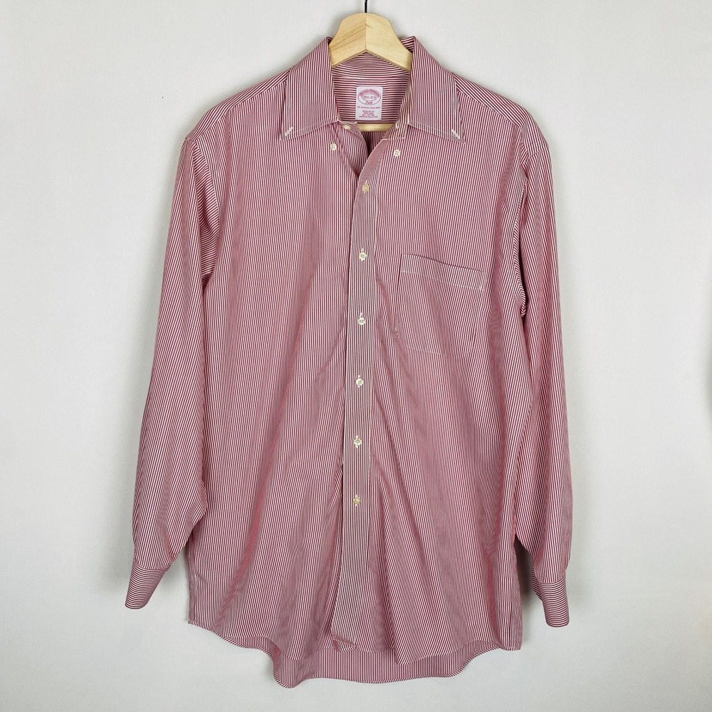 Brooks Brothers 346 Mens 15.5 2/3 Regular Fit Non-Iron Red White Striped Shirt‎